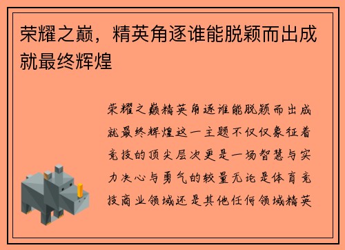 荣耀之巅，精英角逐谁能脱颖而出成就最终辉煌