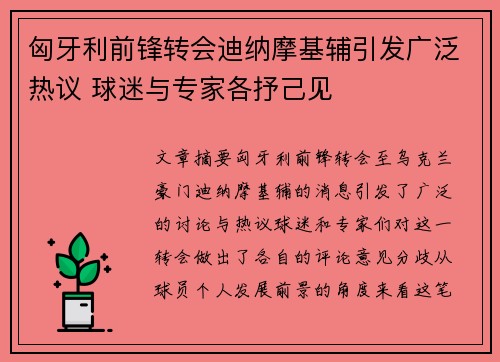 匈牙利前锋转会迪纳摩基辅引发广泛热议 球迷与专家各抒己见