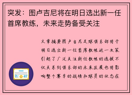 突发：图卢吉尼将在明日选出新一任首席教练，未来走势备受关注