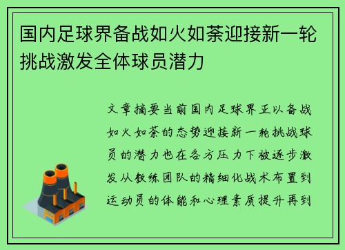 国内足球界备战如火如荼迎接新一轮挑战激发全体球员潜力