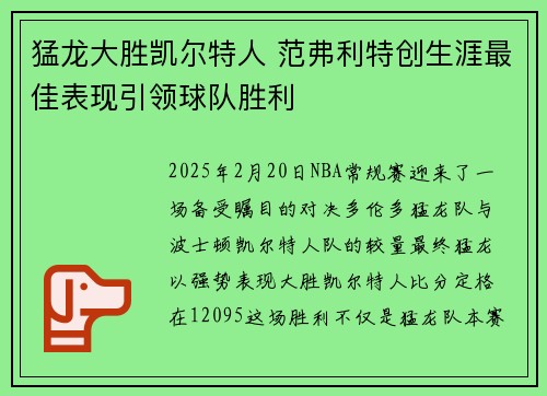 猛龙大胜凯尔特人 范弗利特创生涯最佳表现引领球队胜利