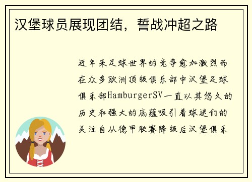 汉堡球员展现团结，誓战冲超之路