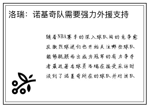 洛瑞：诺基奇队需要强力外援支持