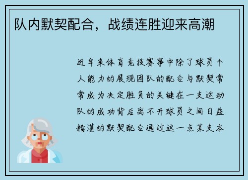 队内默契配合，战绩连胜迎来高潮