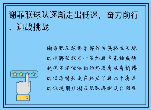 谢菲联球队逐渐走出低迷，奋力前行，迎战挑战