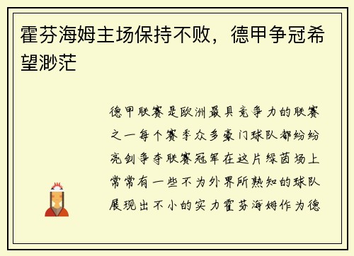 霍芬海姆主场保持不败，德甲争冠希望渺茫
