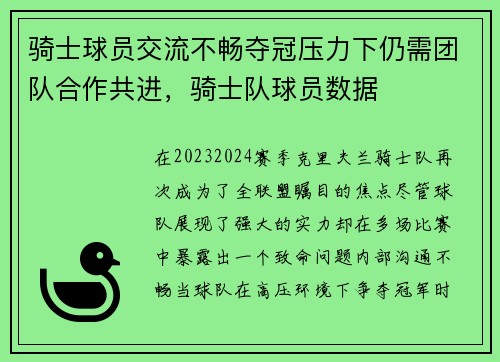骑士球员交流不畅夺冠压力下仍需团队合作共进，骑士队球员数据